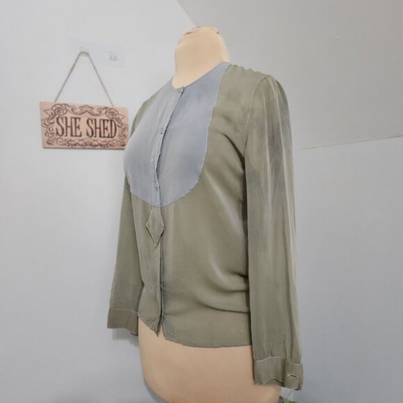 Giorgio Armani Blouse Womens Green Semi Sheer Colorblock Two-Toned Button Front - Picture 6 of 13